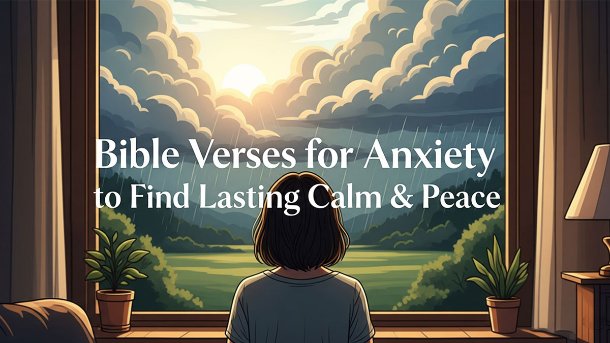 Feature image for a blog post on Bible verses for anxiety, with the text "Bible Verses for Anxiety to Find Lasting Calm & Peace" over a serene illustration of a person finding hope while looking out a window.