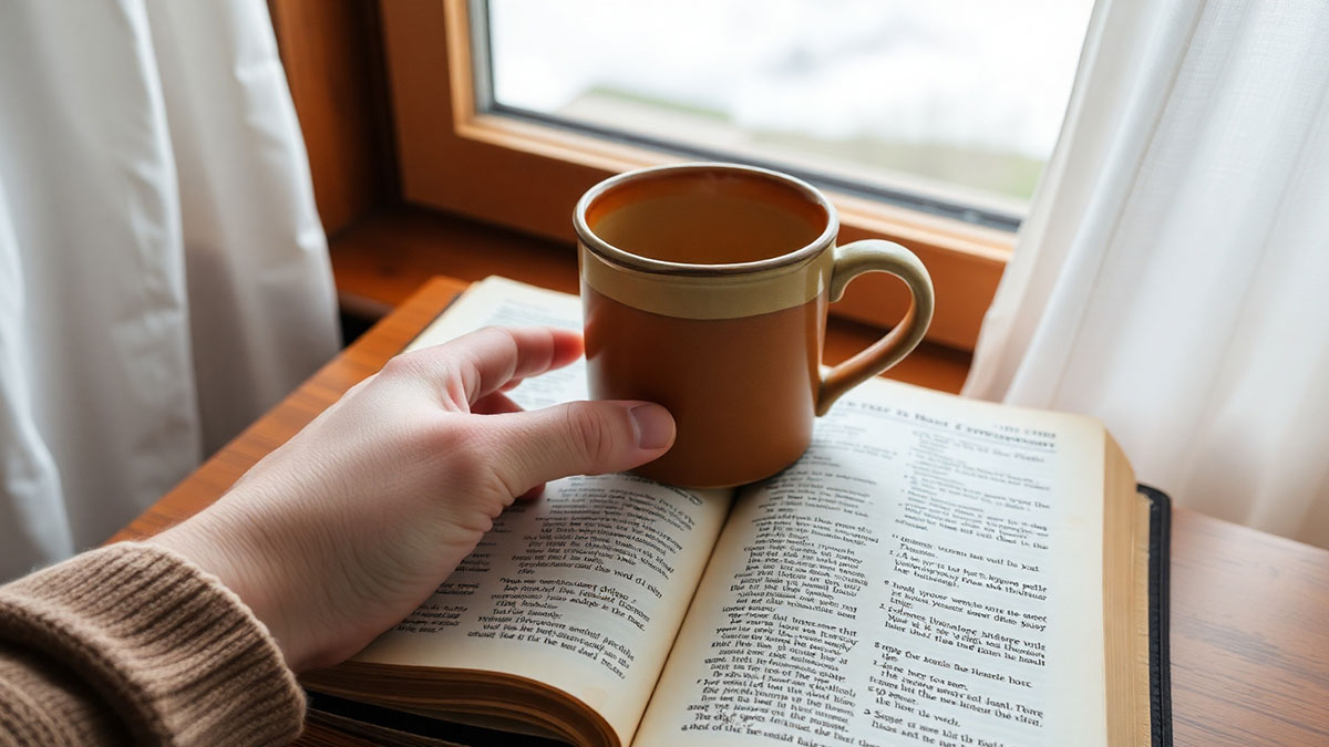 A person's hands holding a warm mug, resting on an open Bible by a window, finding comfort for a broken heart through scripture.