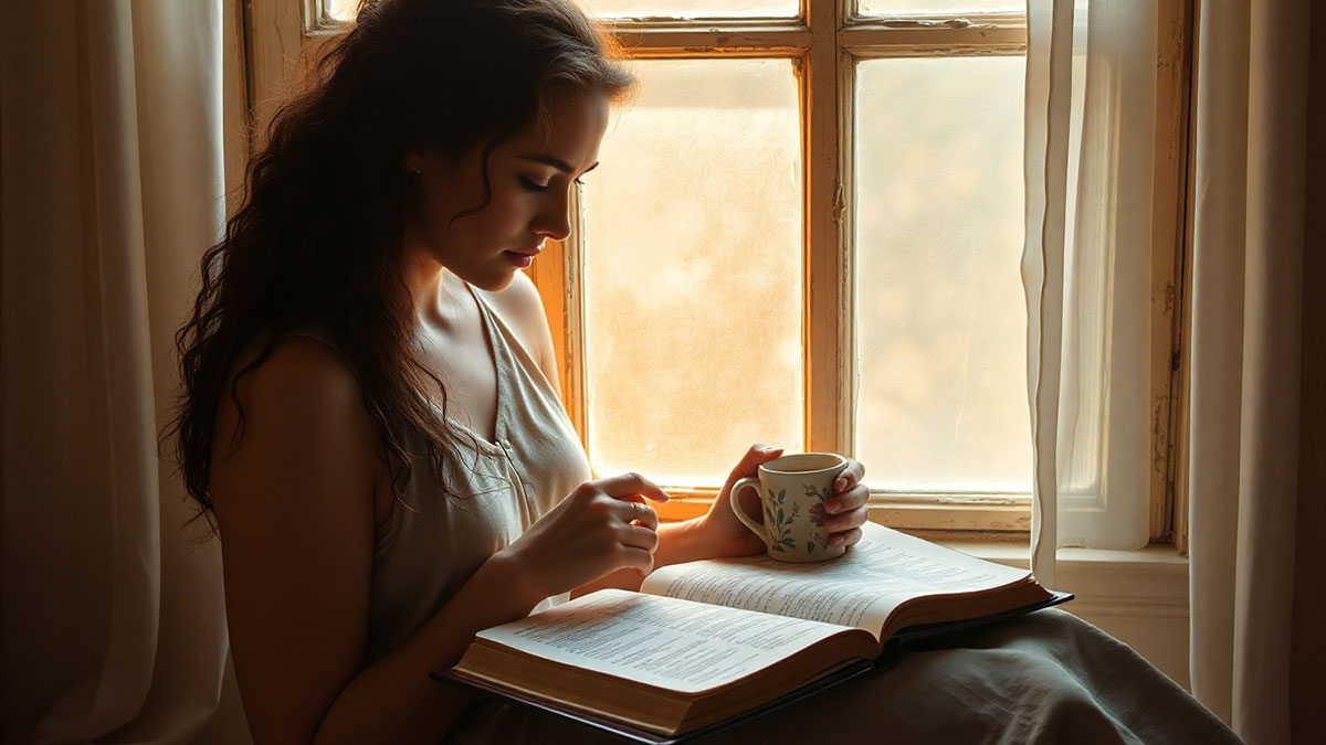 A woman sits thoughtfully by a window with a mug, finding comfort and hope from loneliness through Bible verses.