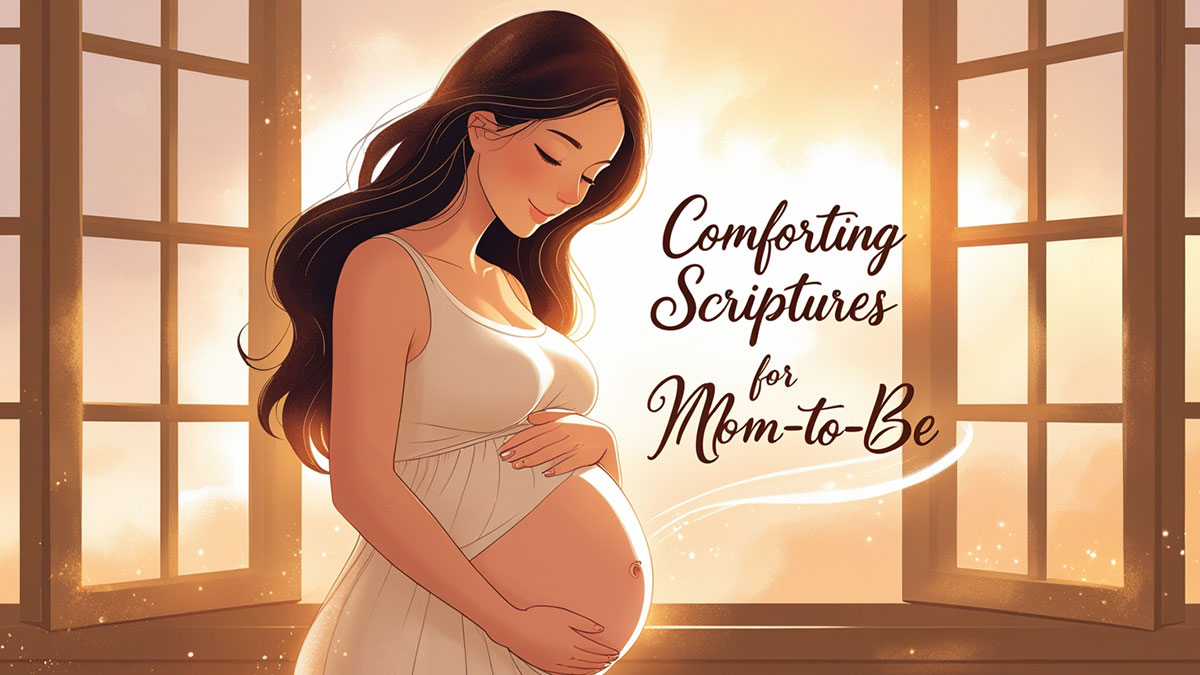 Feature image for an article on Bible verses for pregnancy. A serene pregnant woman looks out a window, and text on the image reads, "Comforting Scriptures for Mom-to-Be."