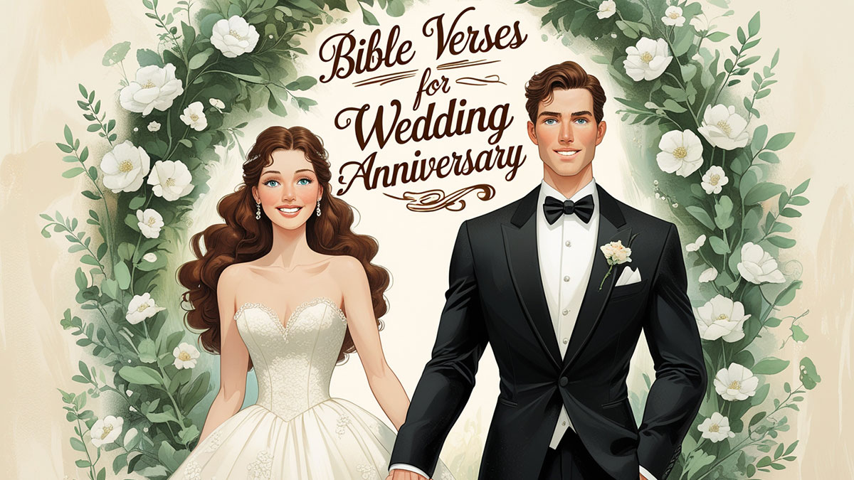 Feature image showing an illustration of a wedding scene with a bride and groom, with the text 'Bible Verses for Wedding Anniversary' prominently displayed.