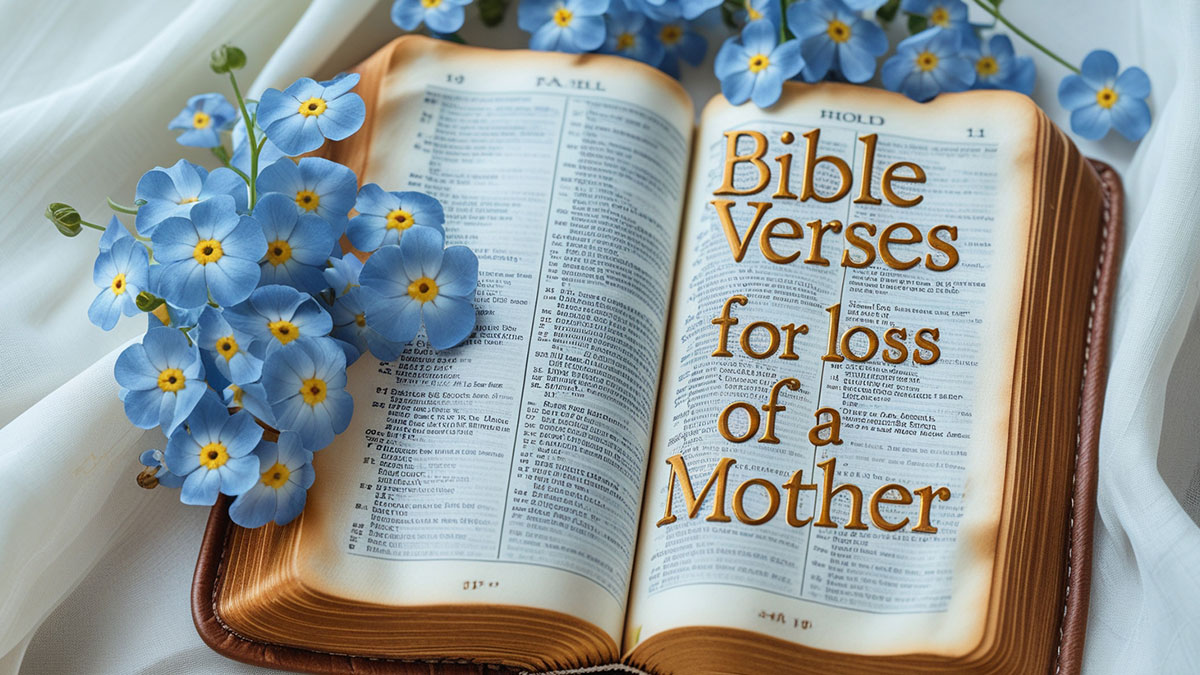 An open Bible with forget-me-not flowers and the text "Bible Verses for Loss of a Mother" on a serene background.
