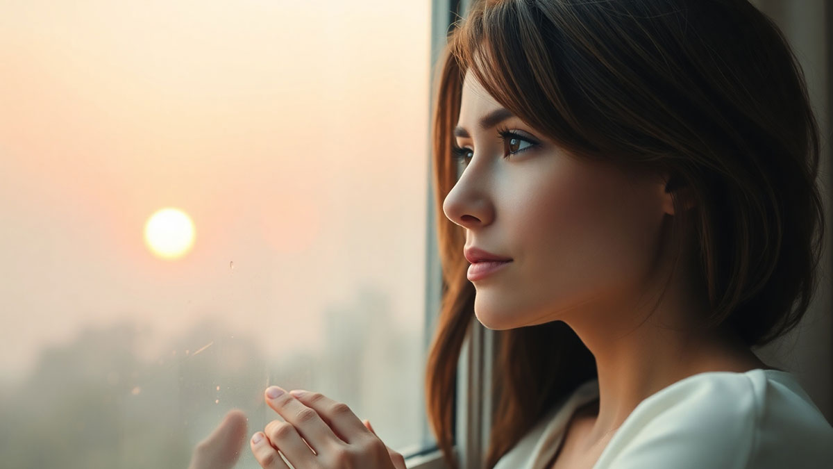 A woman with a peaceful expression looking thoughtfully out a window at a soft sunrise, reflecting on her God-given worth and value.