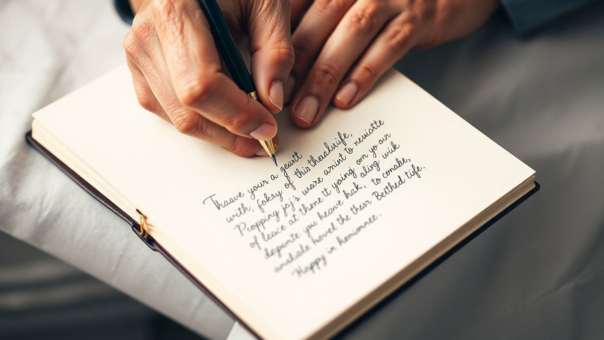 Close-up of a husband's hands writing a heartfelt birthday prayer for his wife in a journal, symbolizing a meaningful and personal message of faith.