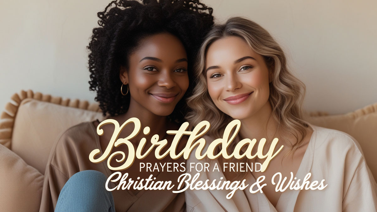 Feature image for a guide to birthday prayers for a friend, showing two women smiling warmly. Text overlay reads: "Birthday Prayers for a Friend: Christian Blessings & Wishes"