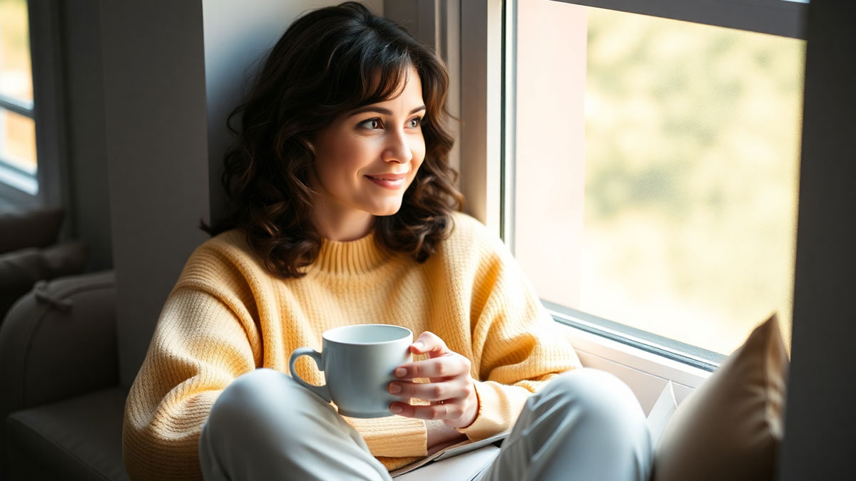 A woman holding a coffee mug, looking out a window for a quiet morning of personal birthday prayer and reflection.