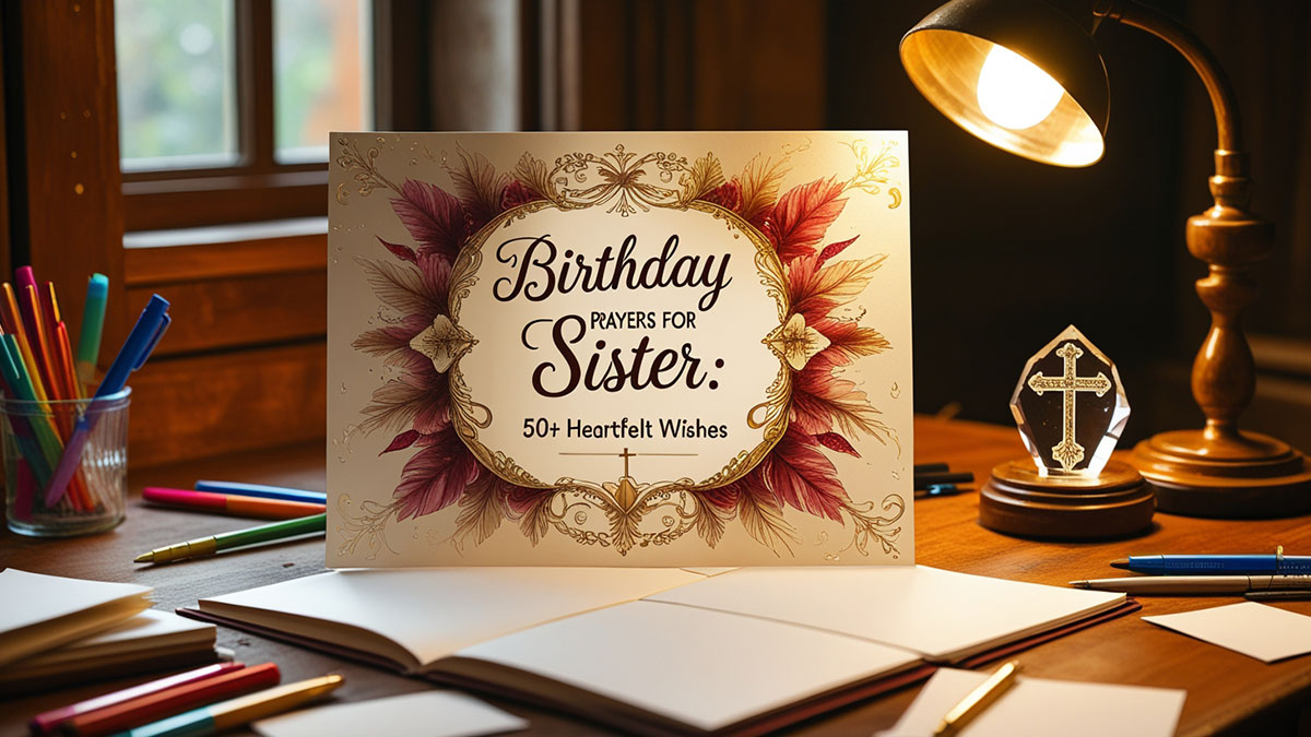 Feature image with the text 'Birthday Prayers for Sister: 50+ Heartfelt Wishes' overlaid on a warm scene of a Christian birthday card being written.