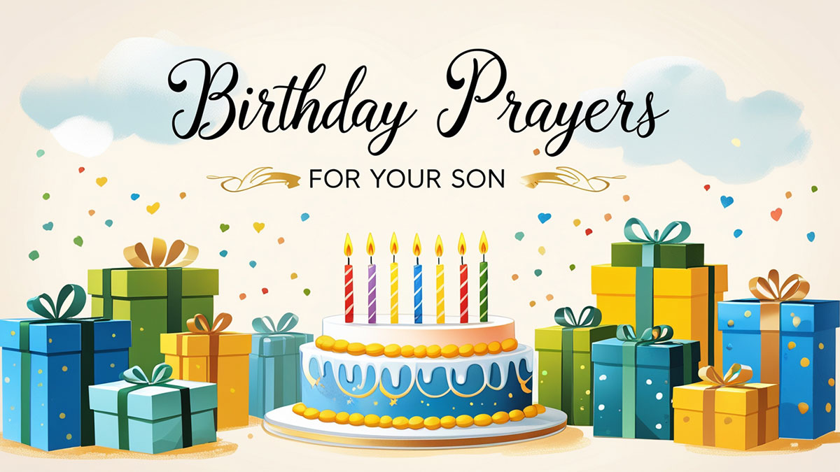 An illustration of a birthday scene with a cake and gifts, featuring the text 'Birthday Prayers for Your Son' to represent a guide on heartfelt birthday blessings.