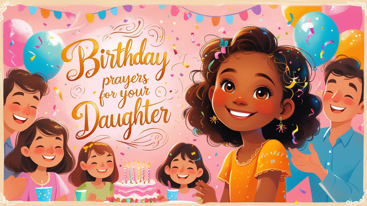 An illustration of a joyful birthday party scene, with a text overlay that reads "Birthday prayers for your daughter".