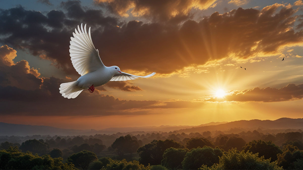 A white dove flying towards a hopeful sunrise over a renewed landscape, representing hope and new beginnings found in dove Bible verse interpretations.