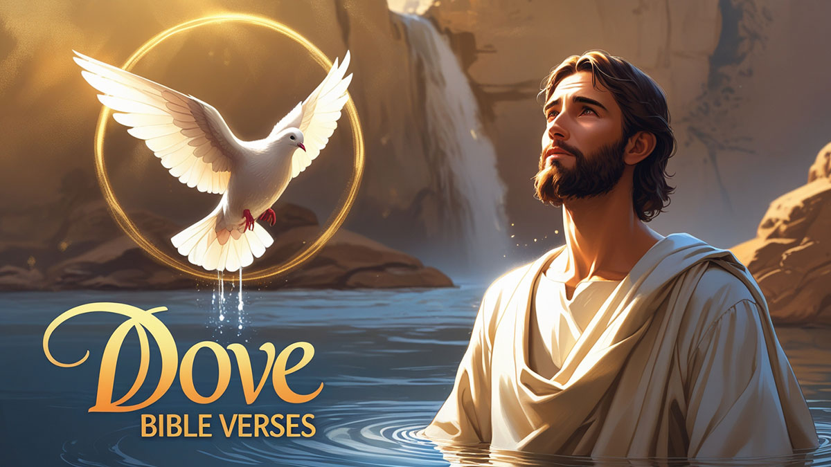 Featured image for '5 Key Dove Bible Verse Meanings': Illustration of Jesus' baptism with a dove representing the Holy Spirit, and overlay text 'Dove Bible Verses,' highlighting Christian symbolism.
