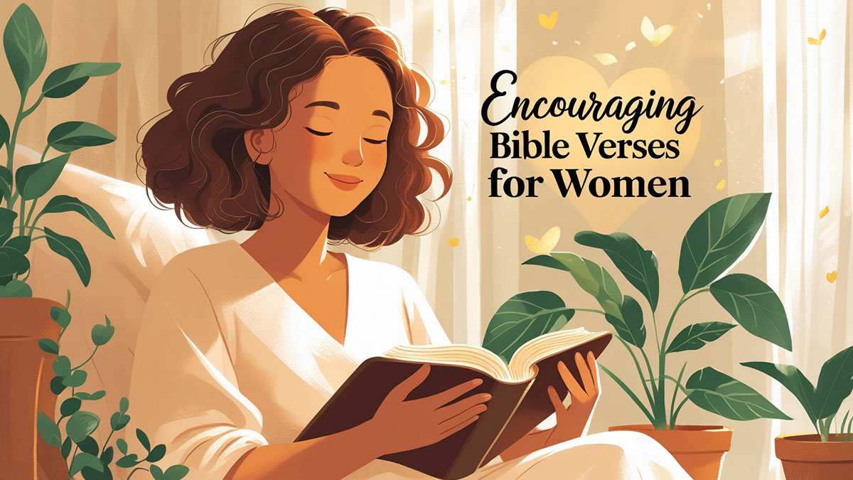 Featured image for a guide to encouraging Bible verses for women, showing an illustration of a woman finding hope and strength while reading her Bible in a peaceful, sunlit room.