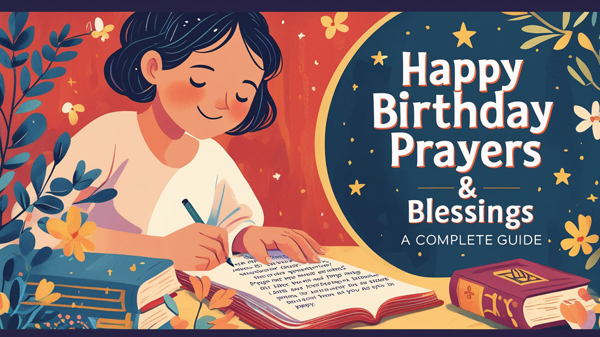 Feature image for a complete guide to Christian birthday wishes, showing the title 'Happy Birthday Prayers & Blessings' over a warm, illustrative scene of a person writing a heartfelt prayer in a card next to a Bible.