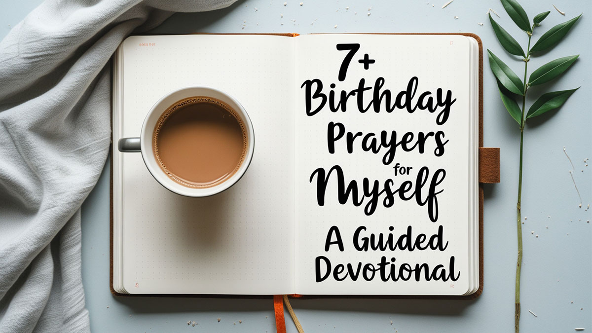 Happy birthday prayers for myself guided devotional journal with coffee cup flat lay, peaceful self-reflection setup