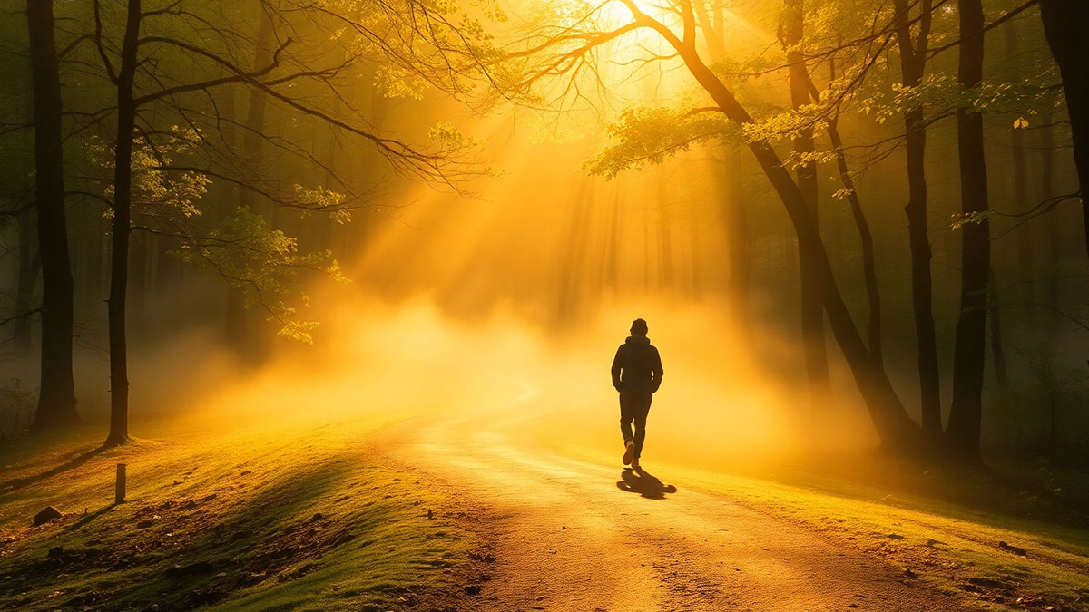 A lone person walking on a path through a misty forest as golden sunlight breaks through the trees ahead, symbolizing hope and healing after heartbreak.
