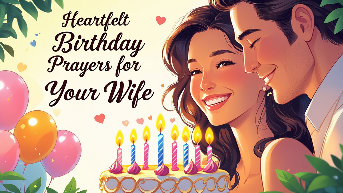 Feature image with text "Heartfelt Birthday Prayers for your wife" over an illustration of a loving birthday party, with a husband looking affectionately at his smiling wife.