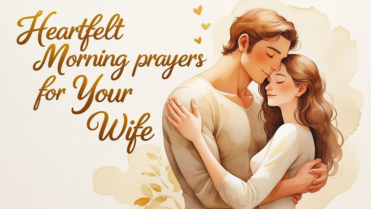 Feature image with the text "Heartfelt Morning Prayers for Your Wife" and an illustration of a loving couple, representing a husband's desire to pray for his wife each morning.