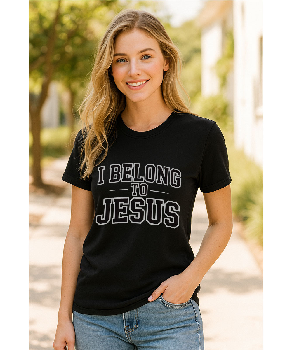 A woman wearing the "I Belong to Jesus Christian T-Shirt" in a casual pose, showcasing the athletic-style text.