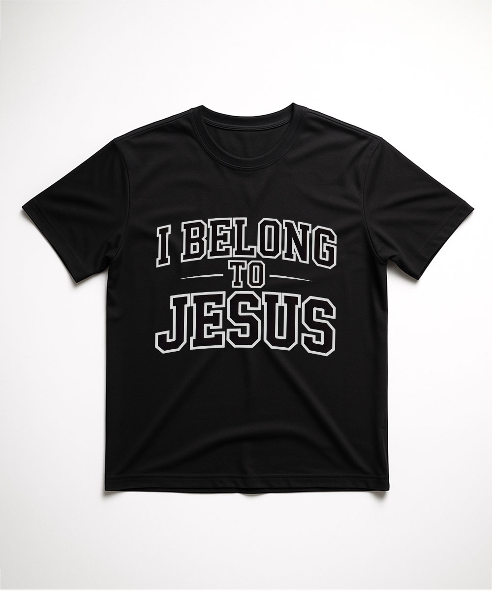 A black "I Belong to Jesus Christian T-Shirt" laid flat, featuring a white outline and a classic varsity-style font.