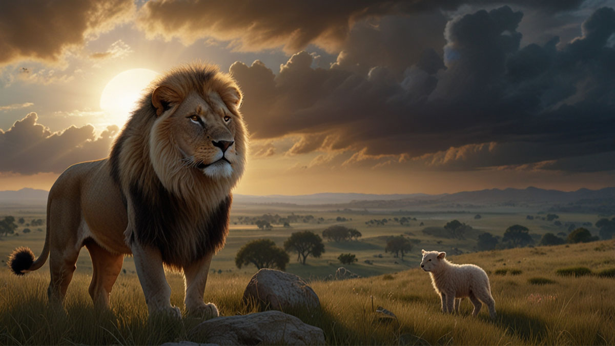 Serene landscape depicting Isaiah's prophecy of peace with lion and lamb, symbolizing biblical hope for a restored world.