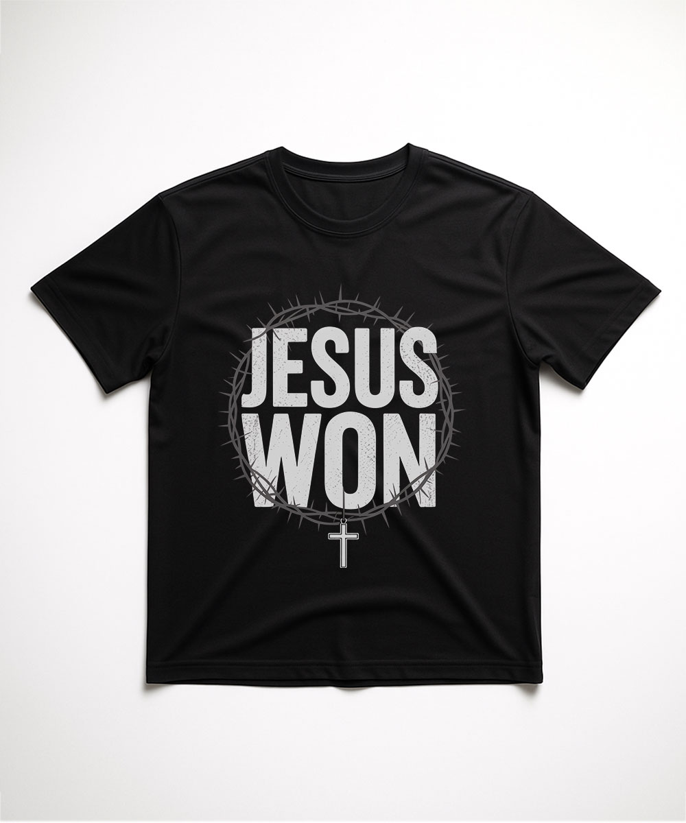 A black "Jesus Won Christian T-Shirt" laid flat, featuring a crown of thorns graphic encircling the text and a small cross below.