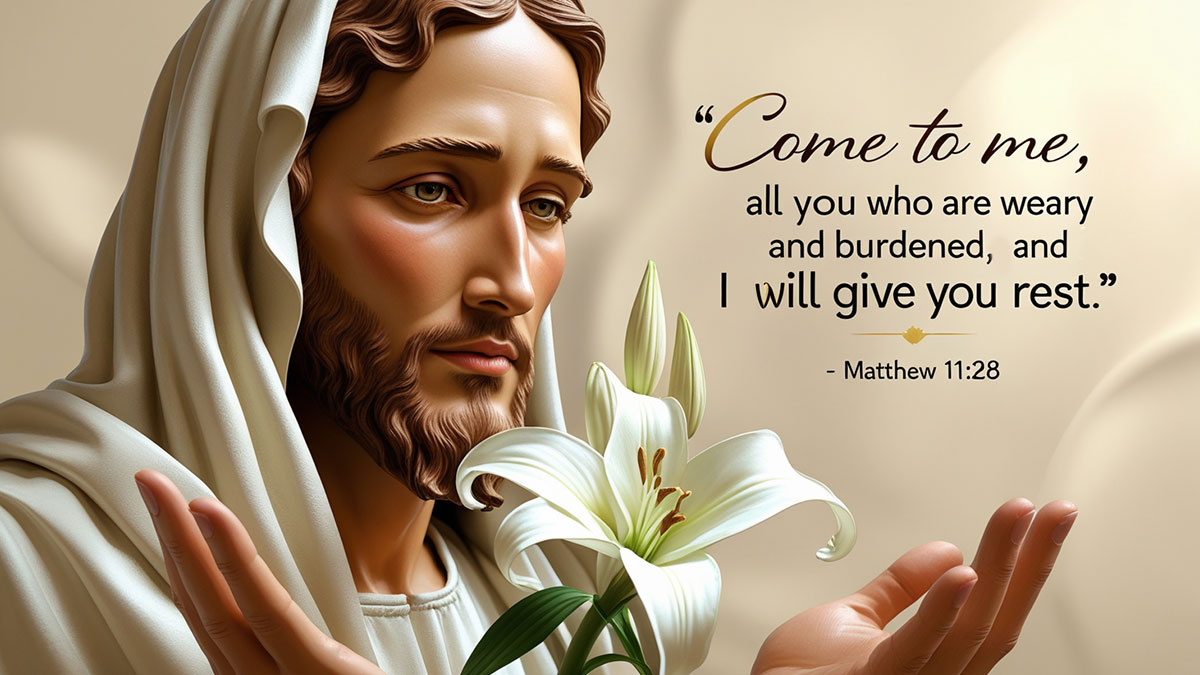 A hopeful graphic with Jesus' invitation from Matthew 11:28: "Come to me, all you who are weary and burdened, and I will give you rest." A scripture for those burdened by loneliness.