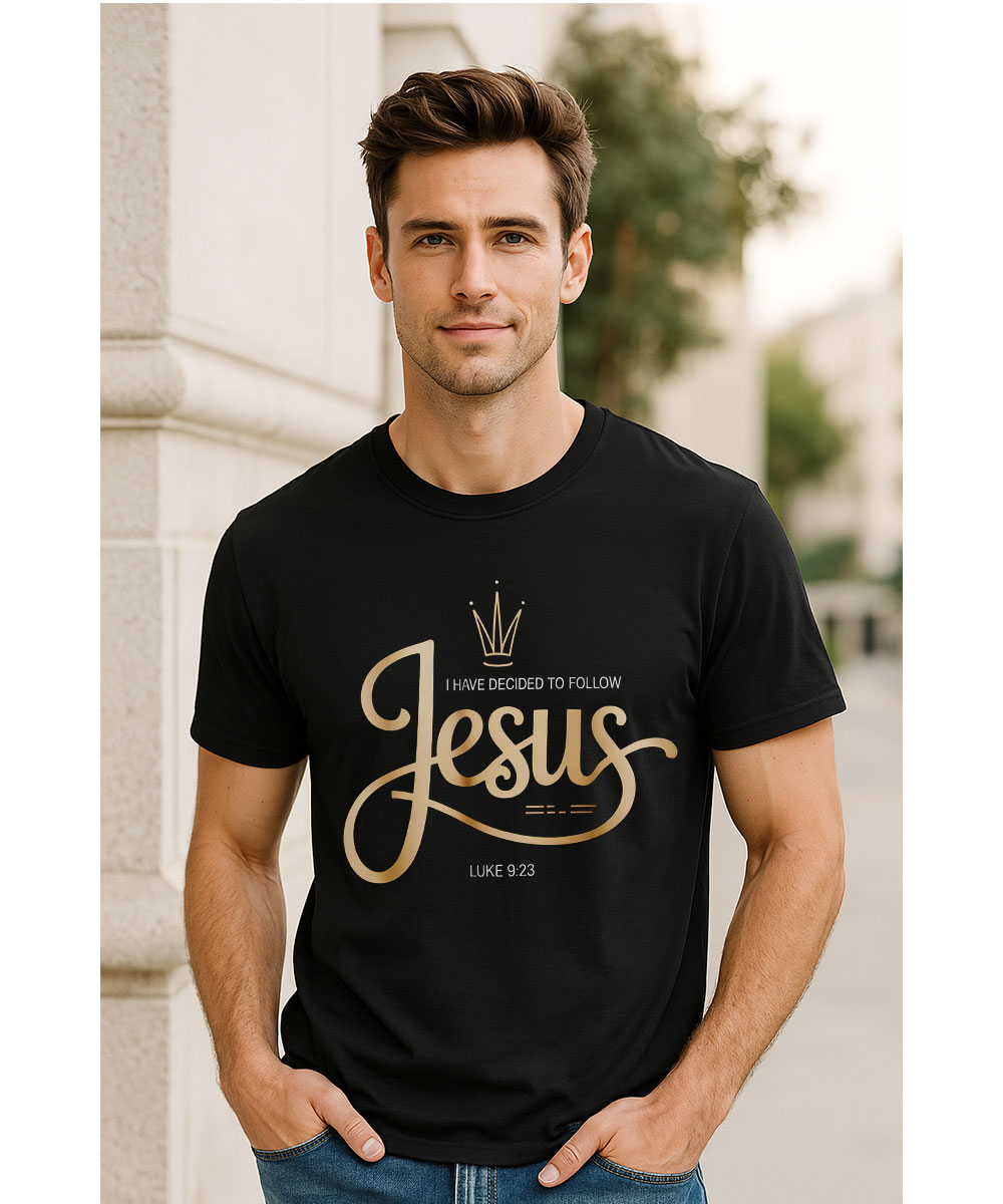 A man who appears to be Caucasian models the "I Have Decided to Follow Jesus Christian T-Shirt" outdoors.