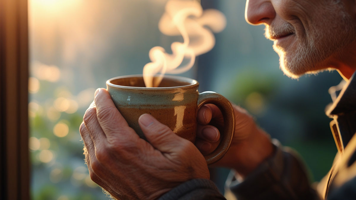 A husband holds a coffee mug while looking out a window with morning light, taking a quiet moment to say a heartfelt morning prayer for his wife.