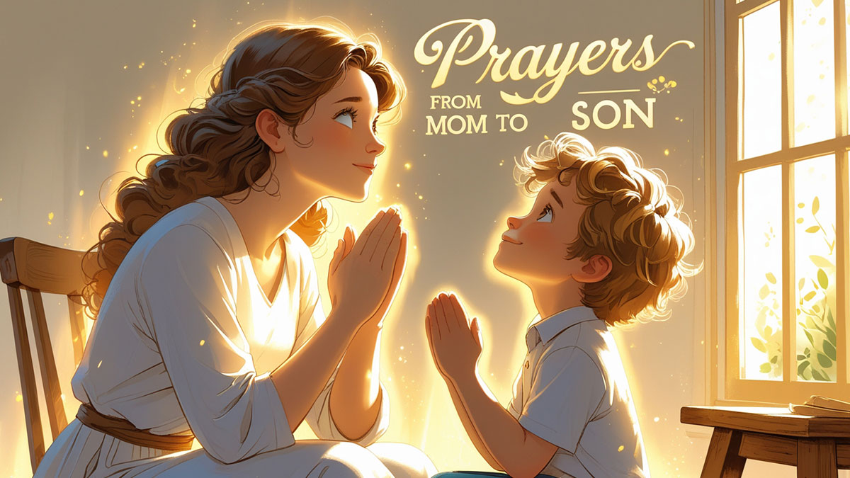 "Prayers from Mom to Son" text overlaid on a warm illustration of a mother and son scene, symbolizing a Christian mom's heartfelt prayers and love.