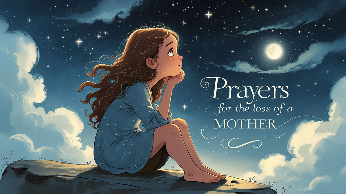 Illustration of a grieving daughter finding comfort by looking at the stars, with the gentle, spiritual presence of her mother in heaven. Text on image reads: "Prayers for the Loss of a Mother".