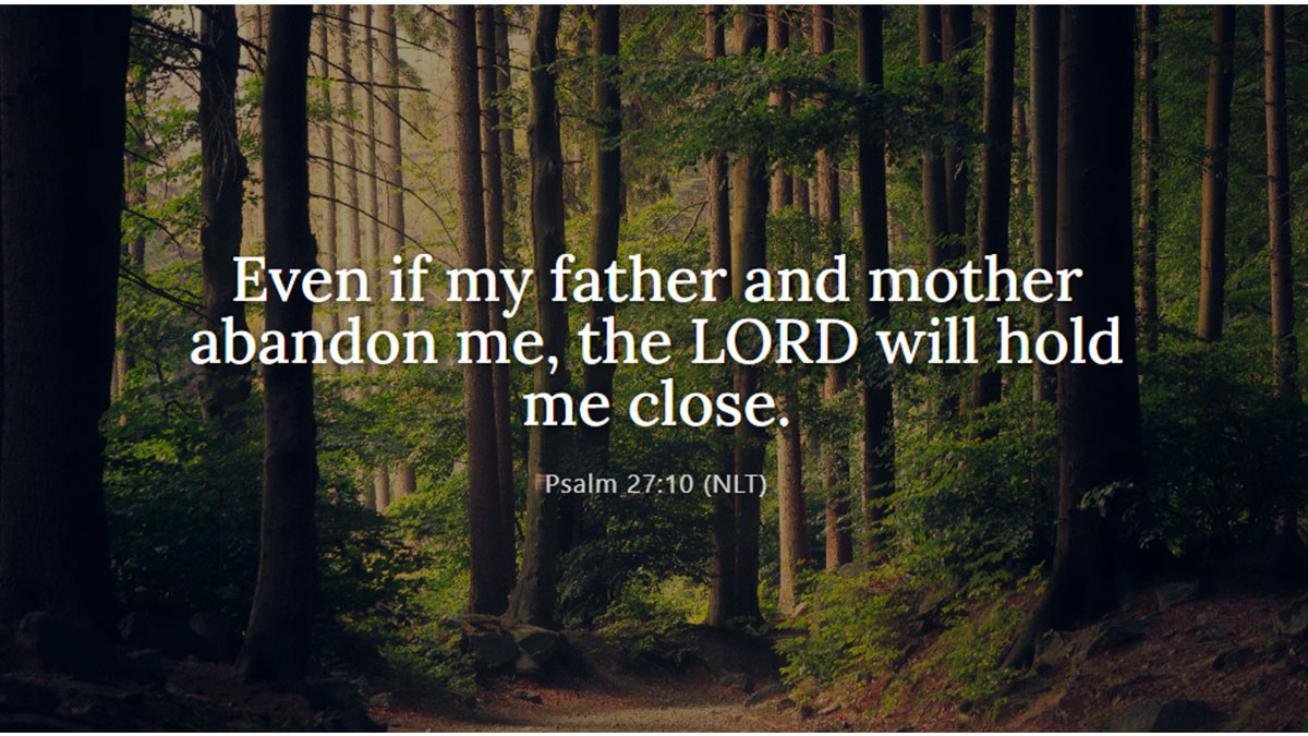 Illustration of Psalm 27:10 showing a person being held in a comforting, divine embrace, a promise of God's love when feeling abandoned.