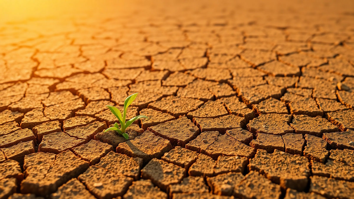 A single green sprout emerges from dry, cracked earth, symbolizing the new life and hope promised in scripture about persevering through hard times.