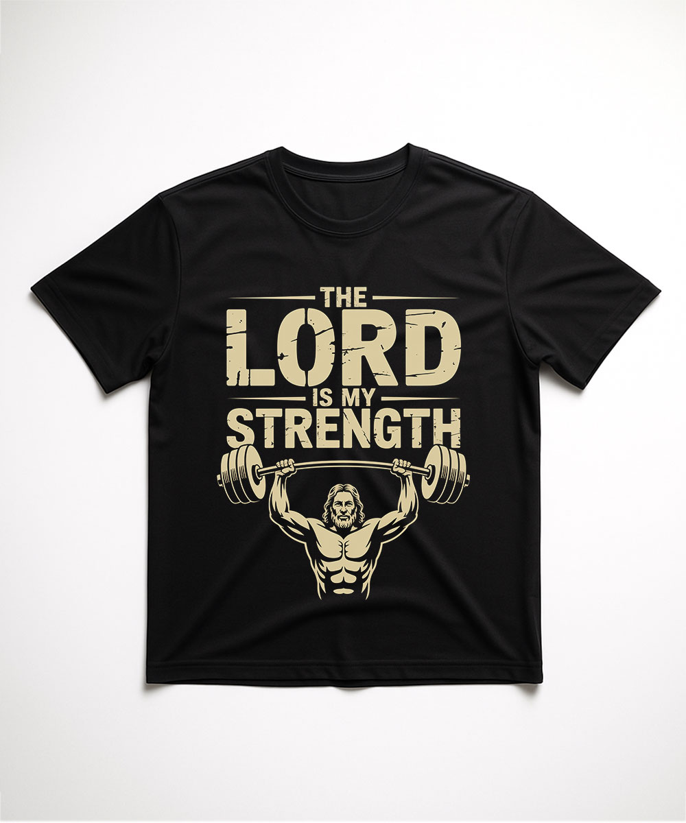 A black "The Lord is my Strength Christian T-Shirt for men," featuring a graphic of Jesus weightlifting, perfect for the Lord Gym enthusiast.