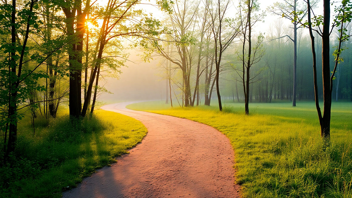 A winding footpath disappearing into a hopeful morning mist, symbolizing the journey of trusting God's plan through seasons of uncertainty.