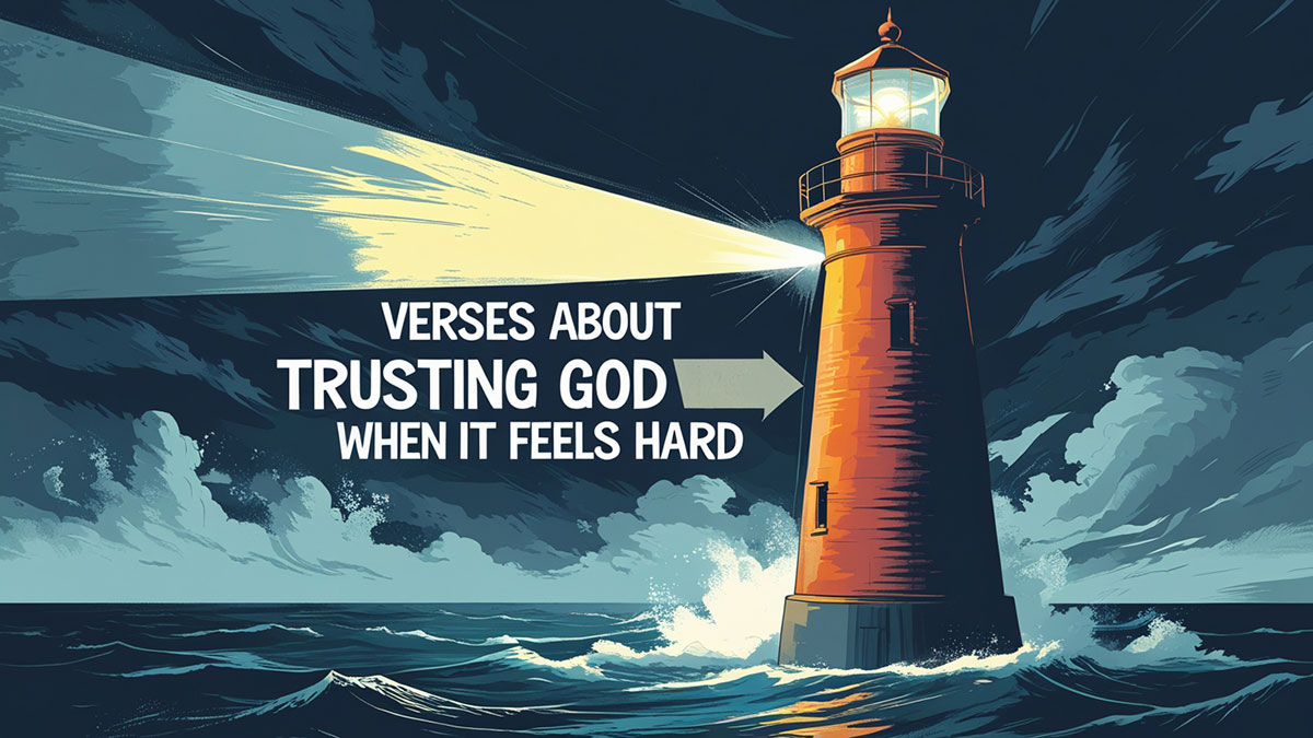 Featured image with the text 'Verses About Trusting God When It Feels Hard' over an illustration of a lighthouse shining its light through a storm, symbolizing how faith provides hope and guidance during difficult times.