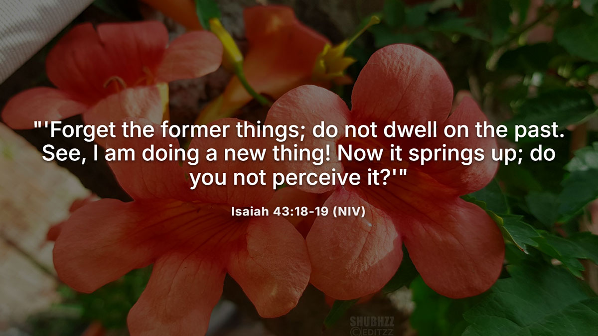 Bible verse about restoration from Isaiah 43:18-19 with orange flowers, focusing on God's promise of new beginnings and renewal
