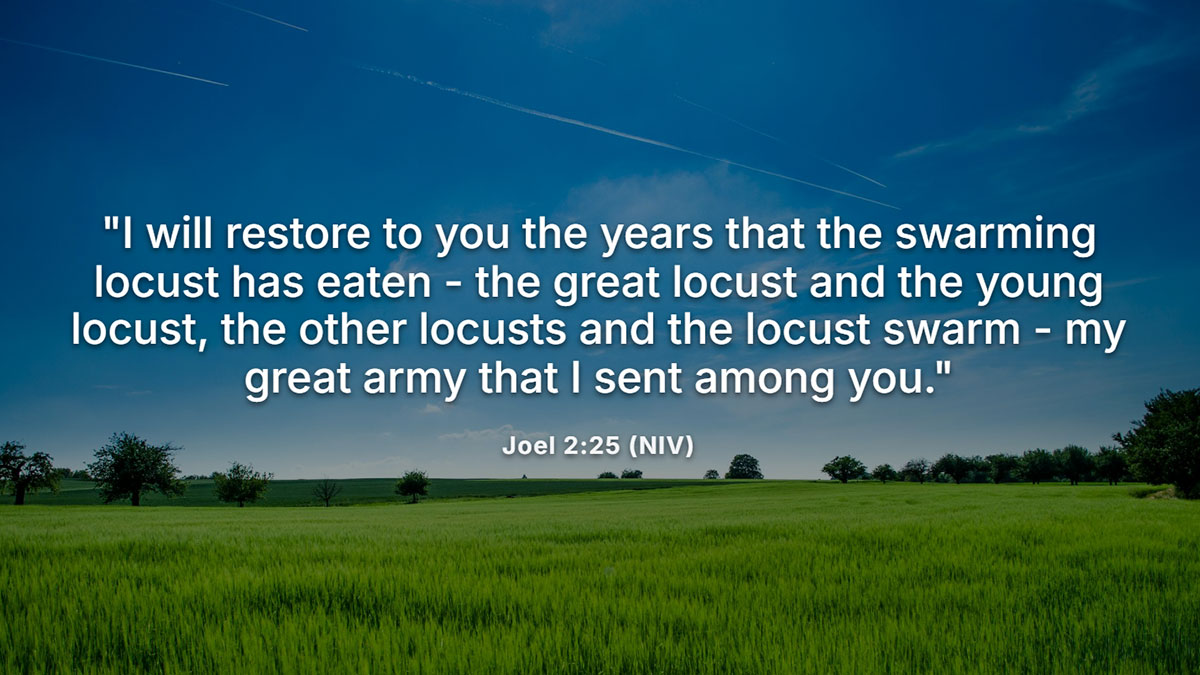 Bible verse about restoration from Joel 2:25 with lush green field and blue sky, God promises to restore the lost years scripture image