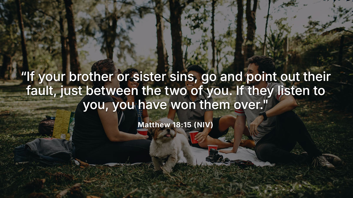Bible verse about brothers from Matthew 18:15 showing friends in conversation, emphasizing grace, healing, and forgiveness in conflict resolution