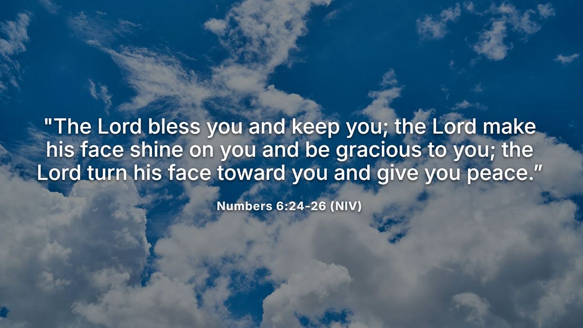 Inspirational birthday Bible verse for a brother from Numbers 6:24-26 with bright blue sky and clouds, expressing blessing, grace, and peace