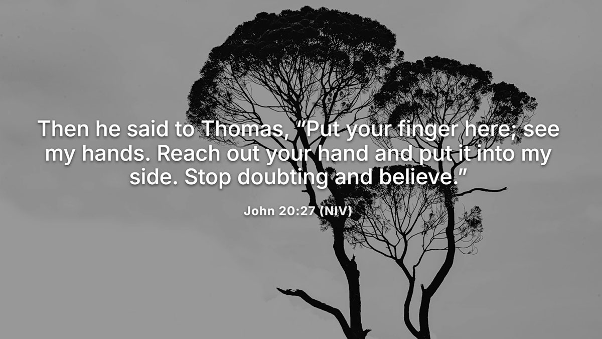 Bible verses about doubt from John 20:27 where Jesus tells Thomas to stop doubting and believe, addressing faith in uncertainty
