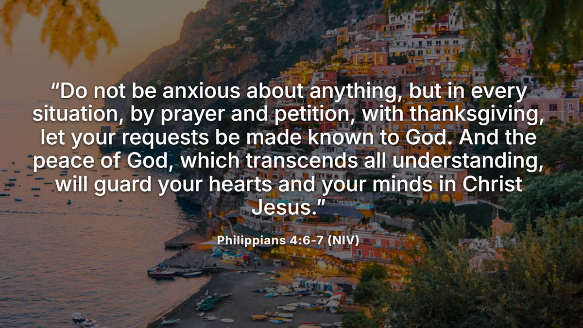 Bible verses about God answering prayers from Philippians 4:6-7, encouraging prayer with thanksgiving and the peace of God