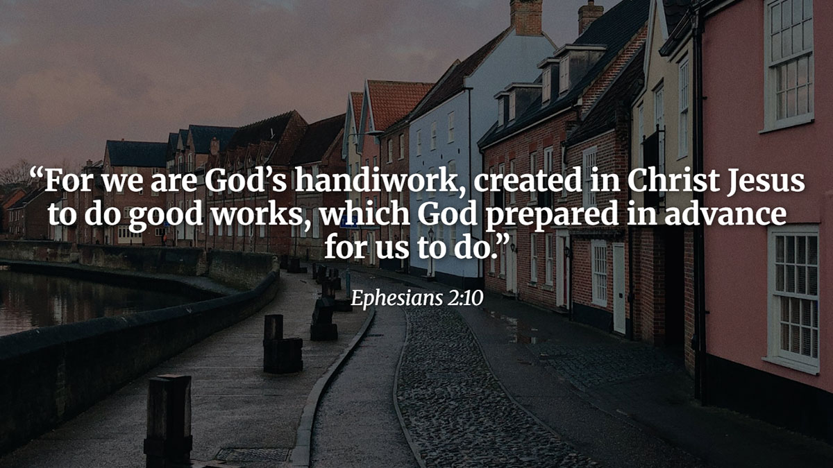 Peaceful scene of a woman with Bible by the water, featuring Ephesians 2:10 and the theme “Bible Verses About Identity in Christ” — a reminder that we are God’s handiwork created for good works