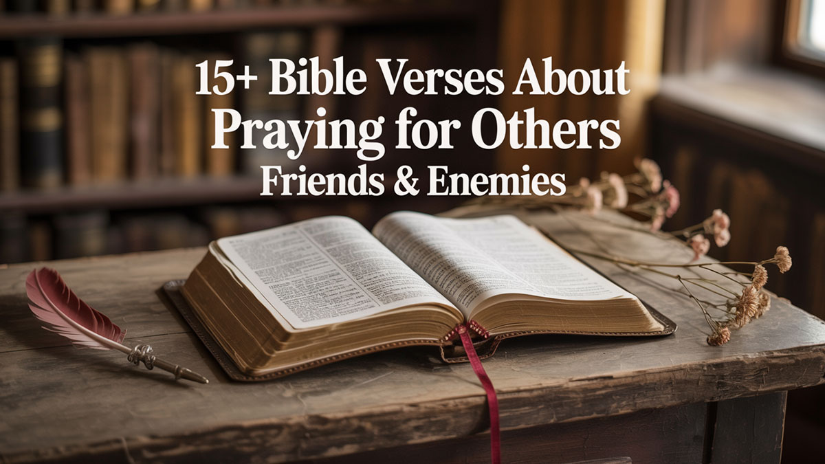 Bible Verses about Praying for Others - Encouraging Scripture for praying for friends and enemies, featuring an open Bible on a rustic table with flowers and a quill.