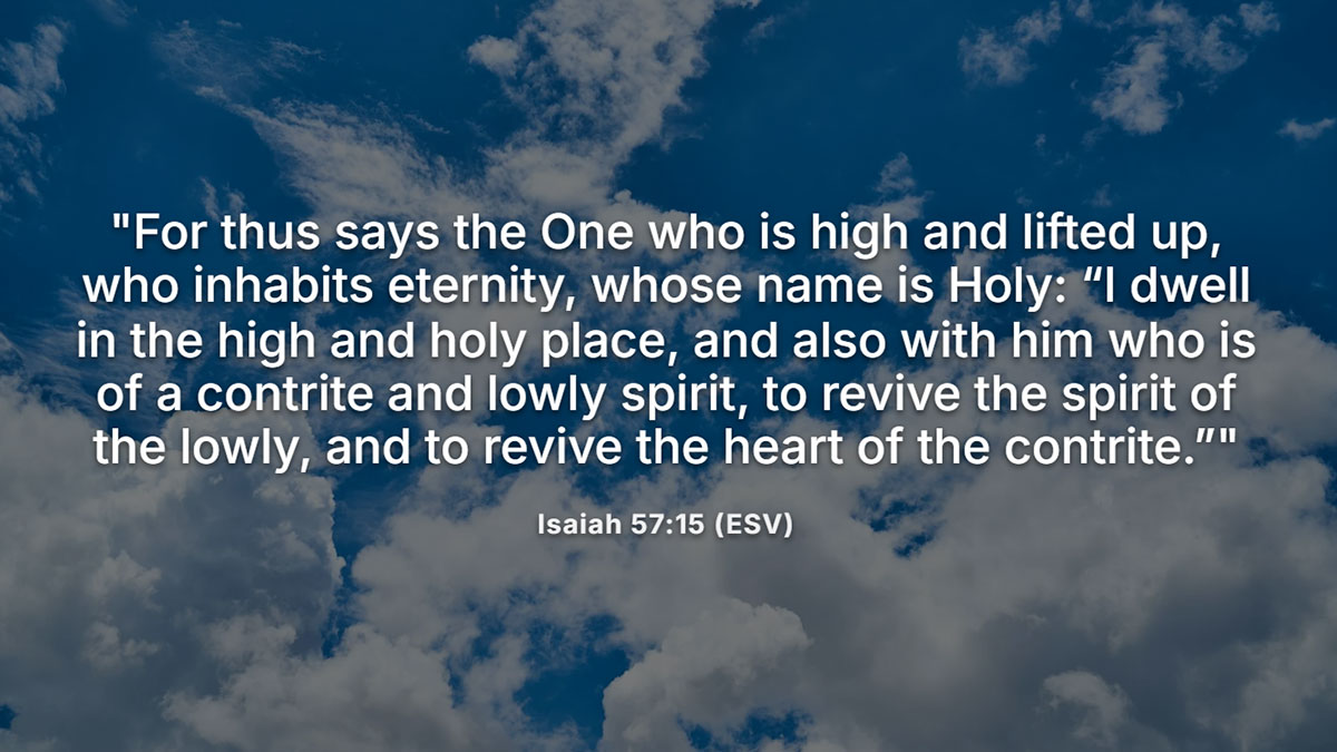 Isaiah 57:15 Bible verse on a sky background, highlighting God’s promise to revive the lowly and contrite spirit, emphasizing spiritual awakening and revival