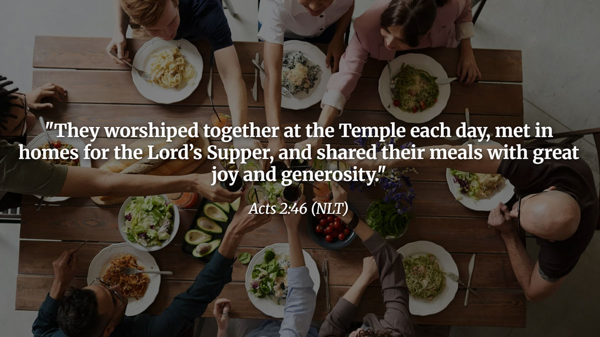 Bible Verses for Home Blessing for Kitchen and Dining Room - Acts 2:46 "They met in homes for the Lord’s Supper and shared their meals with joy and generosity" featured in a cozy, welcoming home scene.