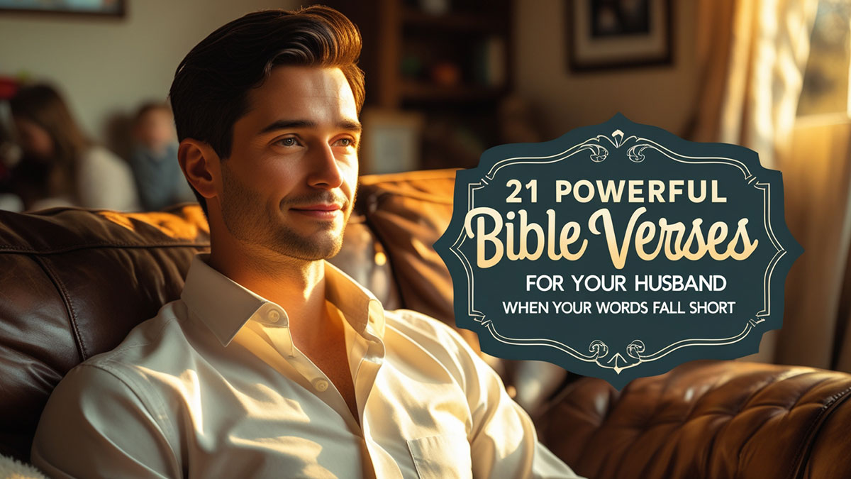 A loving husband sitting peacefully at home with overlay text "21 Powerful Bible Verses for Your Husband From Wife – When Your Words Fall Short."
