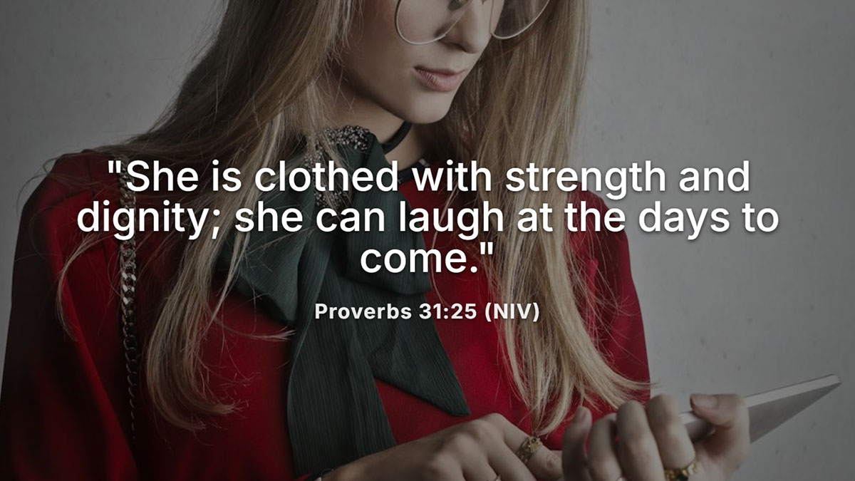 Bible verses for my daughter – Proverbs 31:25 scripture with a confident young woman dressed in red, symbolizing strength and dignity.