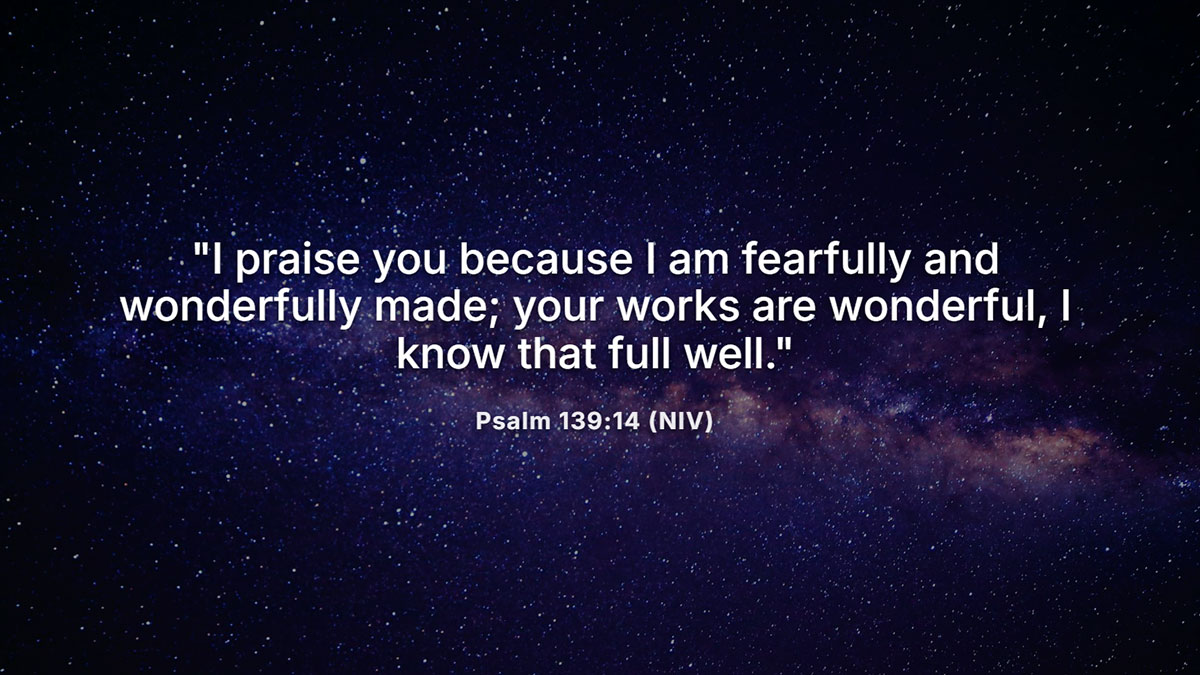 Bible verses for my daughter – Psalm 139:14 scripture with starry night sky background, reminding her she is fearfully and wonderfully made.