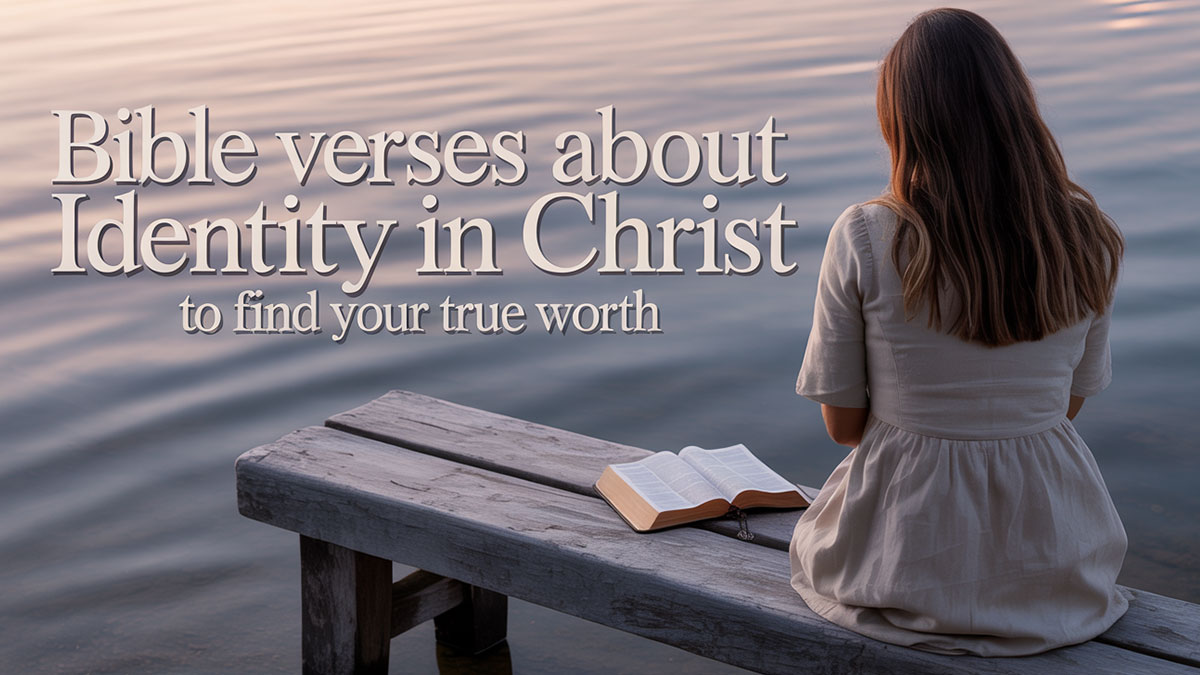 Peaceful image of a woman reading the Bible by a lake with overlay text “Bible Verses to Know Your Identity in Christ” to reflect true worth in faith