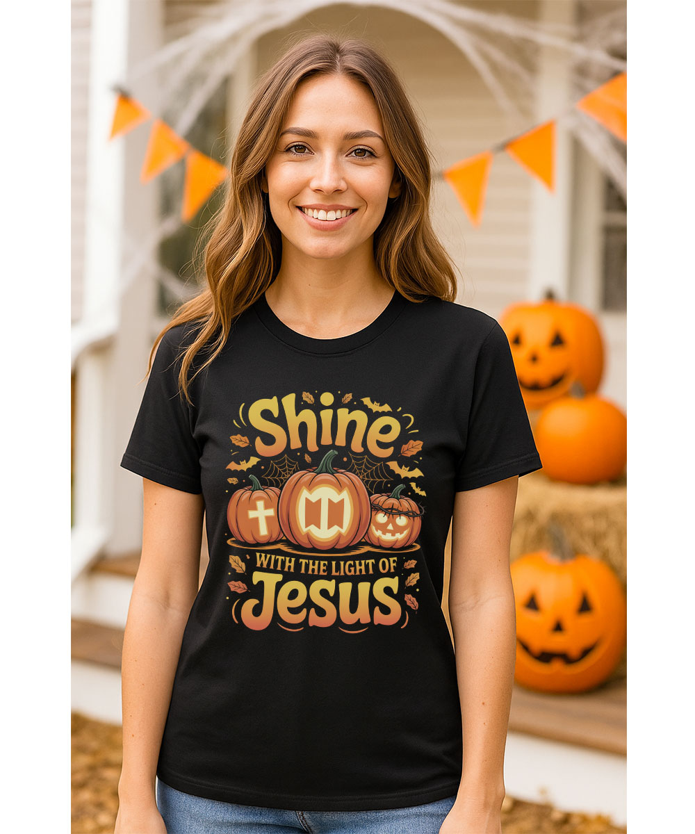 shine-with-the-light-of-jesus-christian-halloween-pumpkin-t-shirt-blonde-woman-orange-bunting Blonde woman in Shine With The Light Of Jesus Christian Halloween Pumpkin T-Shirt standing outside with Halloween pumpkins and bunting